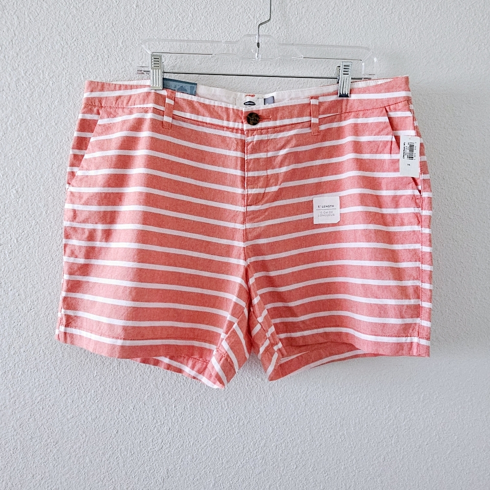 Old Navy shorts size 14 coral white stripe flat front cotton 5 inch inseam NWT
